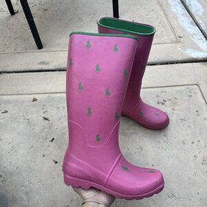 Polo Ralph Lauren Women’s 6.5 Pink Green Pony Rubber Tall Rain Boots Wellies